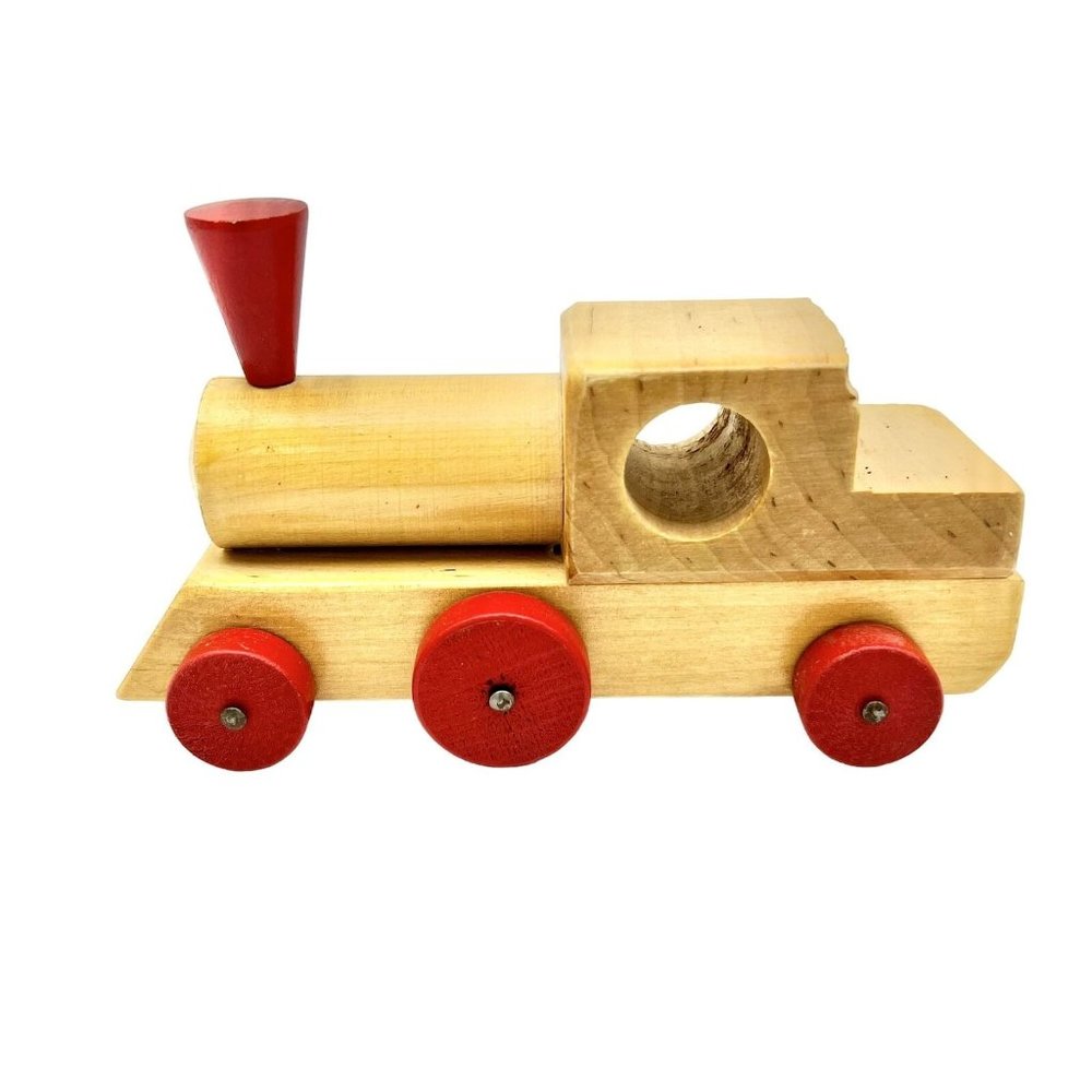 Vintage Micki Gemla Wooden Train Engine 6.5 x 2.5 Brown Red Wood Wheels Move